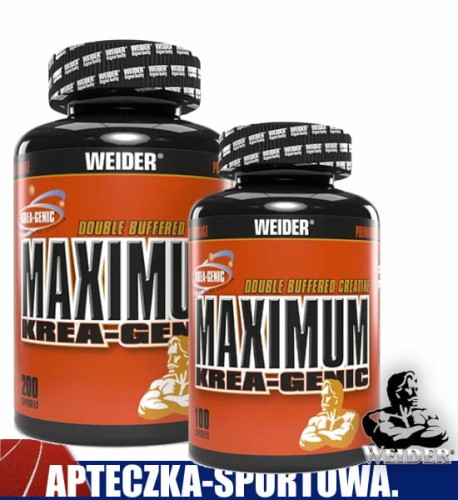 maximum krea-genic pokazane są dwa oryginalne opakowania tego suplementu - 100 i 200 kapsułek. Producent Weider GMBh Niemcy