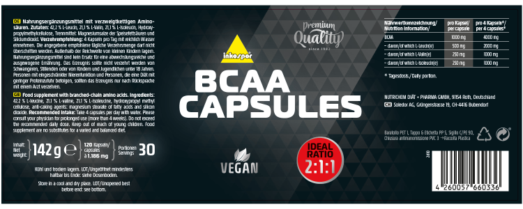 BCAA w kapsułkach firmy INKOSPOR. Etykieta z opisem suplementu aminokwasowego.