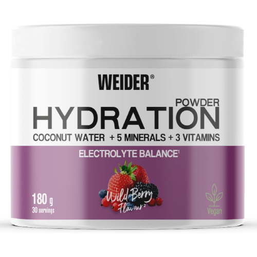 Zdjęcie opakowania suplementu Hydration Powder Wild Berry 180g – elektrolitowy proszek wspierający nawodnienie, równowagę elektrolitową i regenerację organizmu podczas aktywności fizycznej.