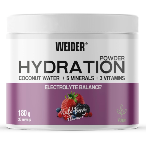 Zdjęcie opakowania suplementu Hydration Powder Wild Berry 180g – elektrolitowy proszek wspierający nawodnienie, równowagę elektrolitową i regenerację organizmu podczas aktywności fizycznej.