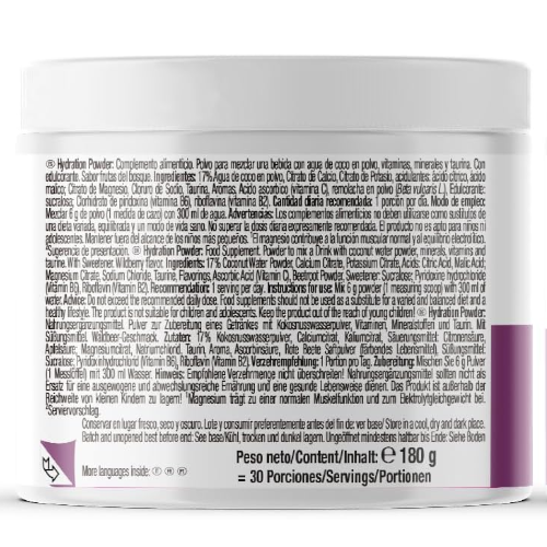 Zdjęcie tyłu opakowania suplementu Hydration Powder Wild Berry 180g pokazujące opis w języku angielskim elektrolitowego proszeku wspierającego nawodnienie, równowagę elektrolitową i regenerację organizmu podczas aktywności fizycznej.
