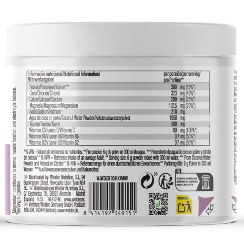 Zdjęcie tyłu opakowania suplementu Hydration Powder Wild Berry 180g pokazujące tabelę składu elektrolitowego proszku wspierającego nawodnienie, równowagę elektrolitową i regenerację organizmu podczas aktywności fizycznej.