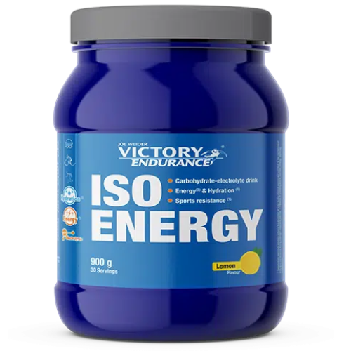 Opakowanie Iso Energy 900 g firmy Weider/Victory Endurance – izotonik w proszku z elektrolitami, węglowodanami i L‑glutaminą, przeznaczony dla sportowców wytrzymałościowych. Produkt w smaku cytrynowym.