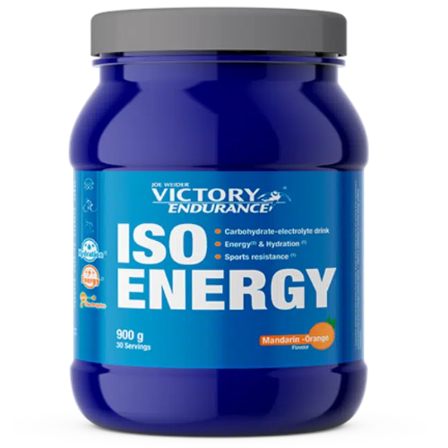 Opakowanie Iso Energy 900 g firmy Weider/Victory Endurance – izotonik w proszku z elektrolitami, węglowodanami i L‑glutaminą, przeznaczony dla sportowców wytrzymałościowych. Produkt o smaku mandarynka z pomarańczą.