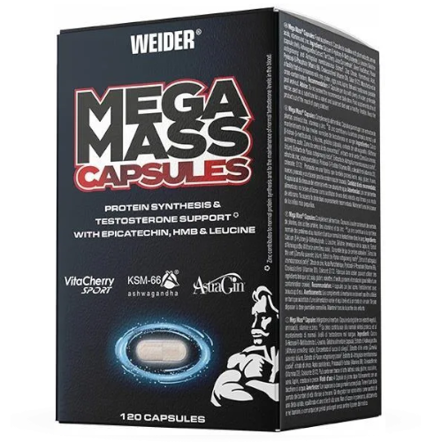 Opakowanie Weider Mega Mass Capsules 120 caps – kapsułki wspierające budowę masy mięśniowej i siły, przeznaczone dla sportowców trenujących kulturystykę i sporty siłowe.