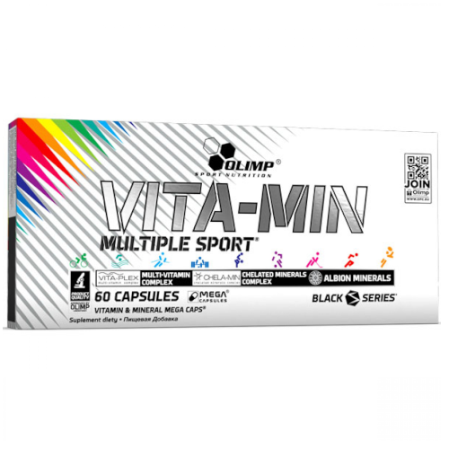 Opakowanie Olimp Vita‑Min Multiple Sport 60 kapsułek – kompleks witamin i minerałów wspierający energię, odporność i regenerację u osób aktywnych fizycznie.