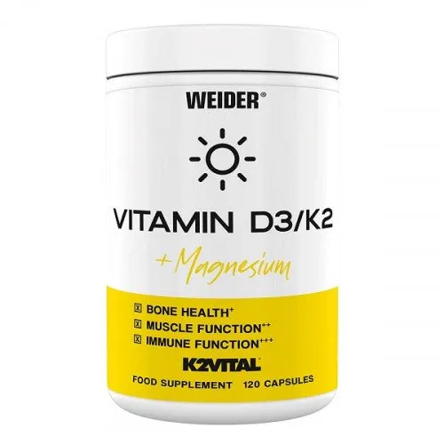 Suplement Weider Vitamin D3/K2 + Magnesium w opakowaniu 120 kapsułek – witamina D3, K2 MK‑7 i magnez wspierające odporność i zdrowe kości