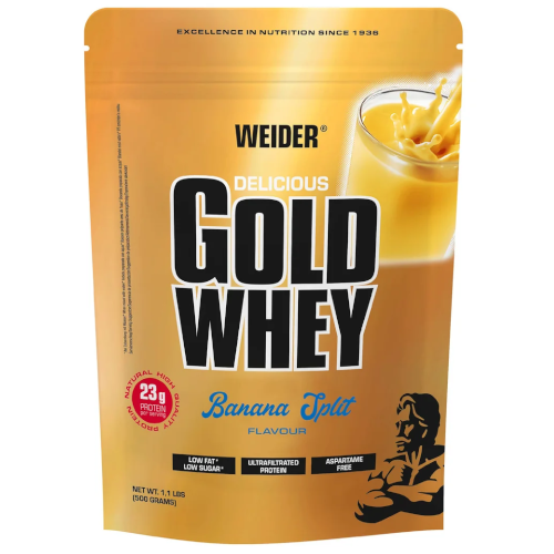 Weider Gold Whey 500 g w wersji bananowej to wysokiej jakości koncentrat białka serwatkowego, idealny do budowy masy mięśniowej i regeneracji. Zdjęcie przedstawia oryginalne opakowanie produktu.