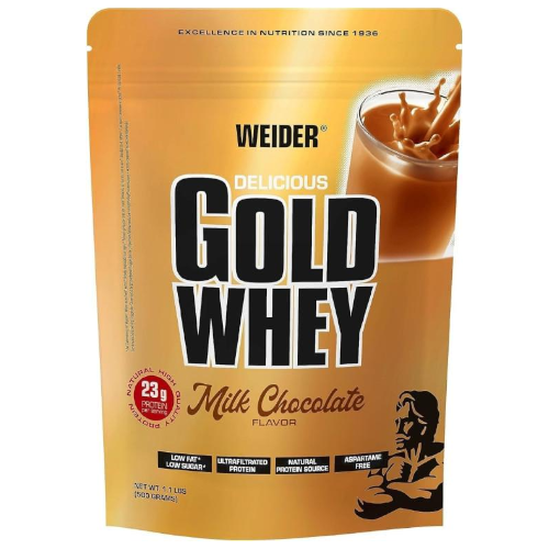 Weider Gold Whey 500 g w wersji czekoladowej to wysokiej jakości koncentrat białka serwatkowego, idealny do budowy masy mięśniowej i regeneracji. Zdjęcie przedstawia oryginalne opakowanie produktu.