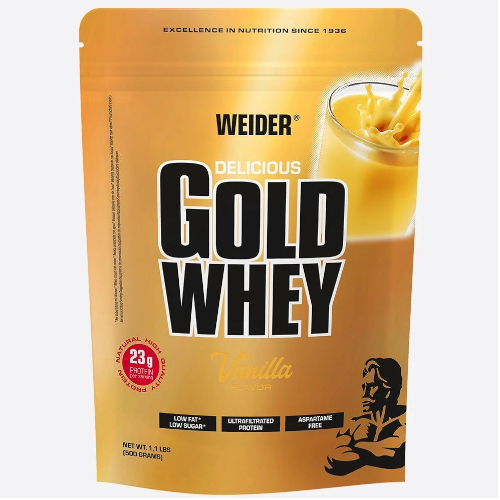 Weider Gold Whey 500 g w wersji waniliowejj to wysokiej jakości koncentrat białka serwatkowego, idealny do budowy masy mięśniowej i regeneracji. Zdjęcie przedstawia oryginalne opakowanie produktu.