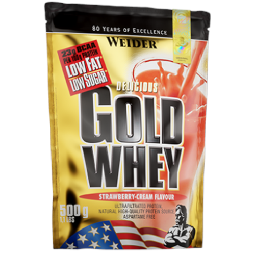 Weider Gold Whey 500 g w wersji truskawkowej to wysokiej jakości koncentrat białka serwatkowego, idealny do budowy masy mięśniowej i regeneracji. Zdjęcie przedstawia oryginalne opakowanie produktu.