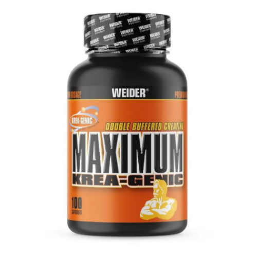 maximum krea genic firmy weider. oryginalne opakowanie podwójnie buforowanej kreatyny zawierającej 100 kapsułek. Produkt klasy premium.