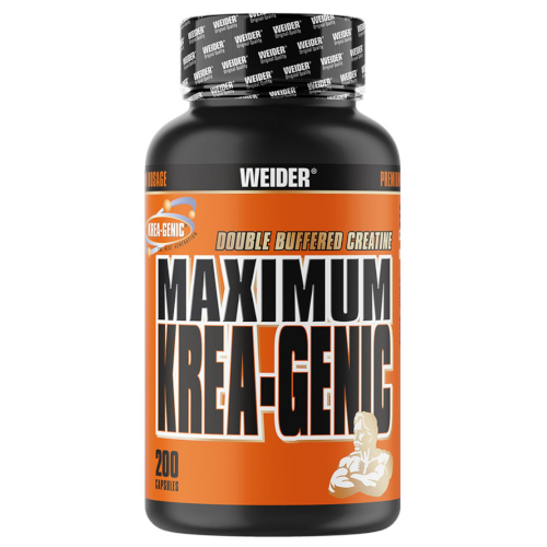 maximum krea genic 200 kapsułek. Przednia strona opakowania niemieckiego produktu firmy weider. Maximum krea genic double buffered creatine.
