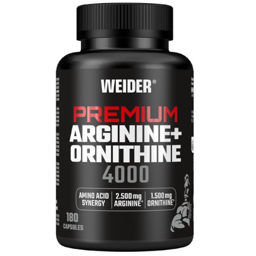 Zdjęcie przedstawia oryginalne opakowanie suplementu diety Weider Arginine + Ornithine 4000. Oryginalne czarne opakowanie zawiera 180 kapsułek z formułą aminokwasową, wspierającą syntezę białek, regenerację potreningową oraz wzrost tkanki mięśniowej.