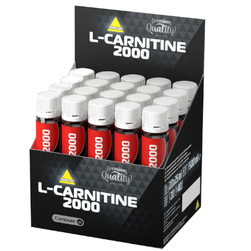 Zdjęcie produktu L‑Carnitine 2000 w ampułkach suplementu wspierającego energetykę, spalanie tłuszczu podczas treningu. Opakowanie prezentuje oryginalny produkt Inkospor, podkreślający jakość oraz wygodną do użycia formę jednorazowych shotów.