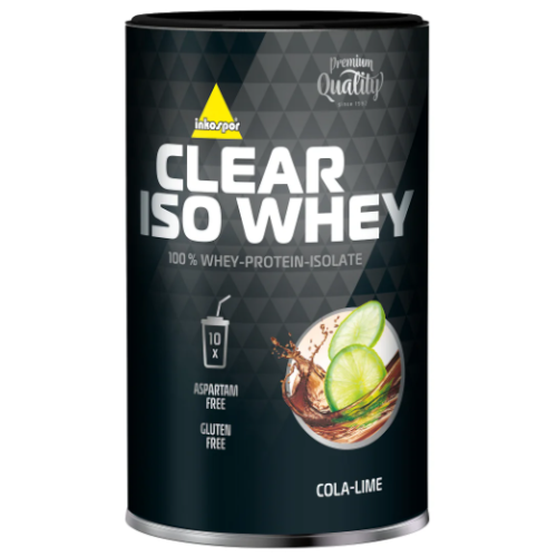 Zdjęcie opakowania Inkospor Clear Iso Whey – izolatu białka serwatki. Smak cola-lime. Widoczny jest front etykiety z informacją o 100% zawartości białka oraz braku aspatramu i glutenu. Fotografia przedstawia oryginalne opakowanie marki Inkospor.