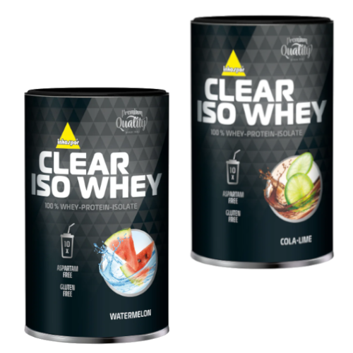 Zdjęcie dwóch opakowań Inkospor Clear Iso Whey – izolatu białka. Widoczny jest front etykiety z informacją o 100% zawartości białka oraz braku aspatramu i glutenu. Fotografia przedstawia oryginalne opakowania marki Inkospor.