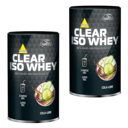 Zdjęcie dwóch opakowań Inkospor Clear Iso Whey – izolatu białka. Smak kola-lime. Widoczny jest front etykiety z informacją o 100% zawartości białka oraz braku aspatramu i glutenu. Fotografia przedstawia oryginalne opakowania marki Inkospor.