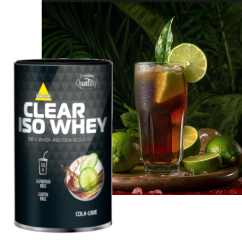 Zdjęcie clear iso whey na tle zmrożonej szklanki gotowego napoju o smaku koli z limonką.