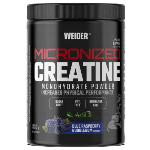 Zdjęcie przedstawia oryginalny produkt firmy WEIDER Micronized Creatine 300g w smaku blue rapspberry.