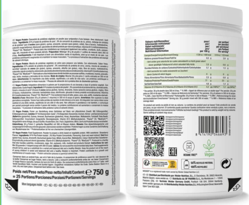 Vegan Protein firmy Weider. Zdjęcie przedstawia oryginalne etykiety produktu oraz metryczkę producenta.