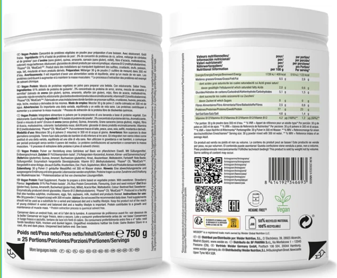 Vegan Protein firmy Weider. Zdjęcie przedstawia oryginalne etykiety produktu oraz metryczkę producenta.