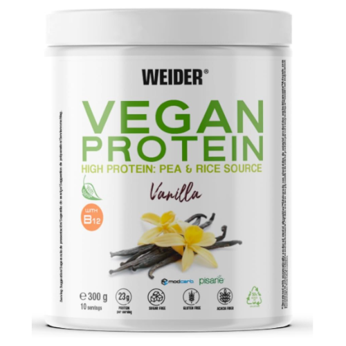 WEIDER vegan protein 300 gram, smak vanilia. Zdjęcie przestawia oryginalne opakowanie wegańskiego białka roślinnego firmy weider w gramaturze 300g.