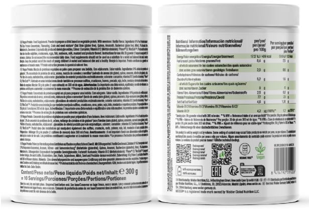 Zdjęcie przedstawia metryczki producenta vegan protein. Firma Wejder zawarła tu wszelkie szczególowe informacje o biodostępności produktu, certyfikatach i inne.