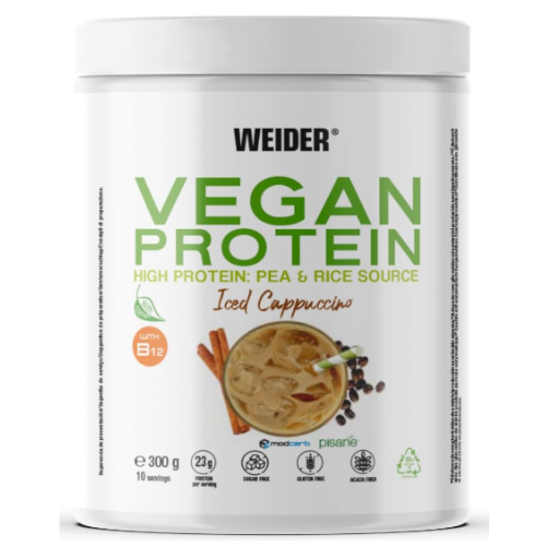 WEIDER vegan protein 300 gram, smak cappuccino. Zdjęcie przestawia oryginalne opakowanie wegańskiego białka roślinnego firmy weider w gramaturze 300g.