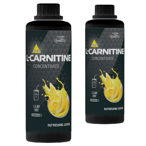 Zdjęcie przedstawia dwie butelki L‑Carnitine Concentrate 1000 ml marki INKOSPOR, suplementu z płynną l‑karnityną Carnipure™. Opakowania są w kolorach czarnym i żółtym, podkreślający przeznaczenie do spalania tłuszczu i wsparcia energii przed treningiem.