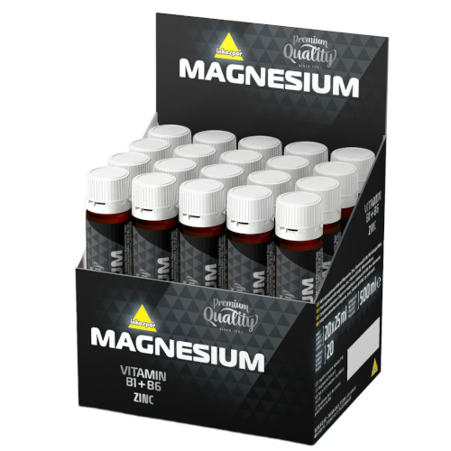 Inkospor Magnesium w ampułkach - suplement wspierający pracę mięśni, układu nerwowego i redukcję zmęczenia. Oryginalny design marki Inkospor - wysoka jakość. Przeznaczenie dla osób aktywnych. Grafika pokazuje opakowanie zbiorcze 20x 25ml w formie płynnej.