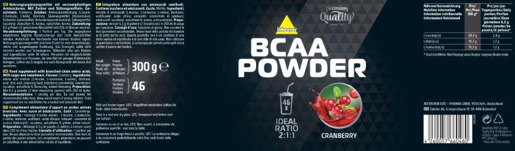 BCAA POWDER etykieta oryginalnego niemieckiego produktu zawierająca wszystkie dane o tym suplemencie - wagę, dane techniczne, skład, znaki certyfikatów jakości.