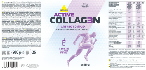 Collagen Arthro Komplex Inkospor etykieta zawierająca wszystkie informacje o produkcie, gramatura, skład, certyfikaty jakości.