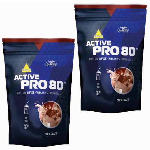 Dwa opakowania active inkospor pro 80 po 500 g w smaku czekoladowym.