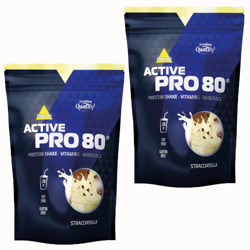 Dwa opakowania active inkospor pro 80 po 500 g w smaku straciatella.