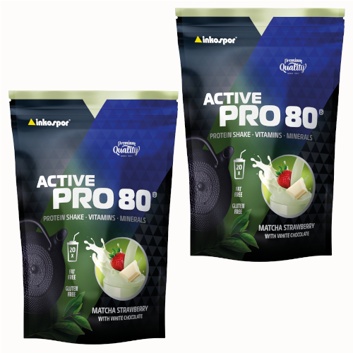 Dwa opakowania active inkospor pro 80 po 500 g w smaku truskawkowa matha z białą czekoladą.
