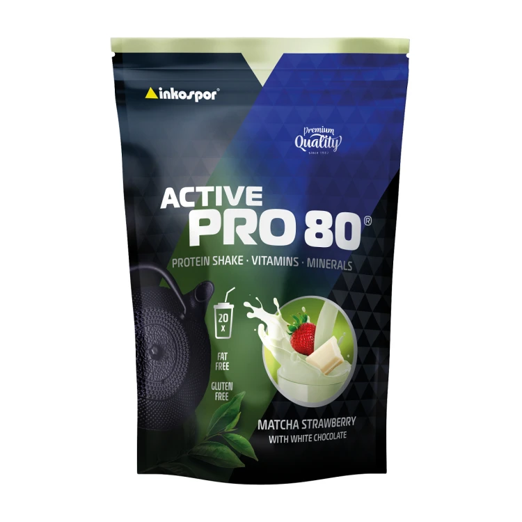 Białko klasy premium Active Pro 80 w smaku truskawkowej mathy z białą czekoladą. 500 gram.